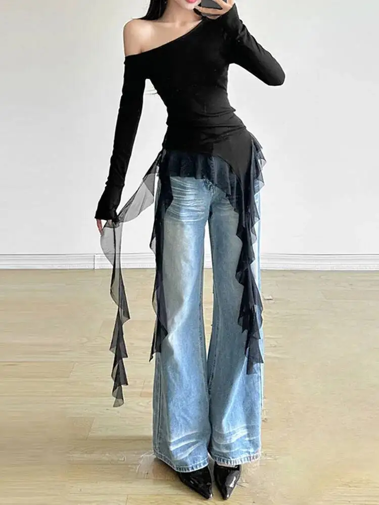 

Women Y K Aesthetic Irregular Gauze Patchwork Autumn Tees Skew Collar Haruku Vintage T Shirts Solid Slim Fit Grunge Tops