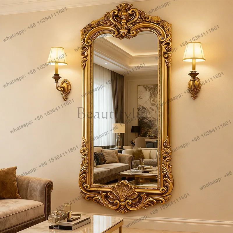 

French retro carved arched floor mirror European light luxury decorative mirror household
