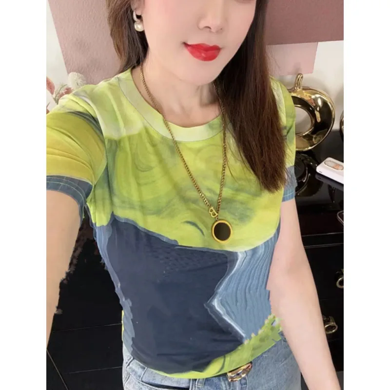 Chinese Style 2024 Summer New Women\'s Crew Neck Printed Tie Dye All-match Slim Classic Ice Silk Fabric Short Sleeve T-shirt Tops