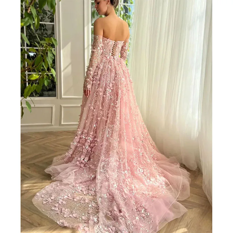 Vestidos de Noche románticos con hombros descubiertos, vestidos de graduación de sirena con lentejuelas con sobrefalda, apliques de manga larga, vestido de fiesta hecho a medida