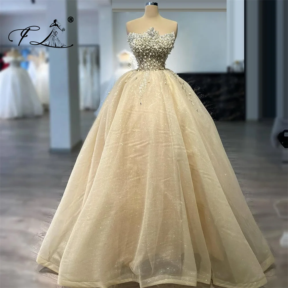 Elegant Strapless Customized Ball Gown with Tulle Beaded Pearls Embellished Wedding Dress for Women Bride 2025 Plus Size