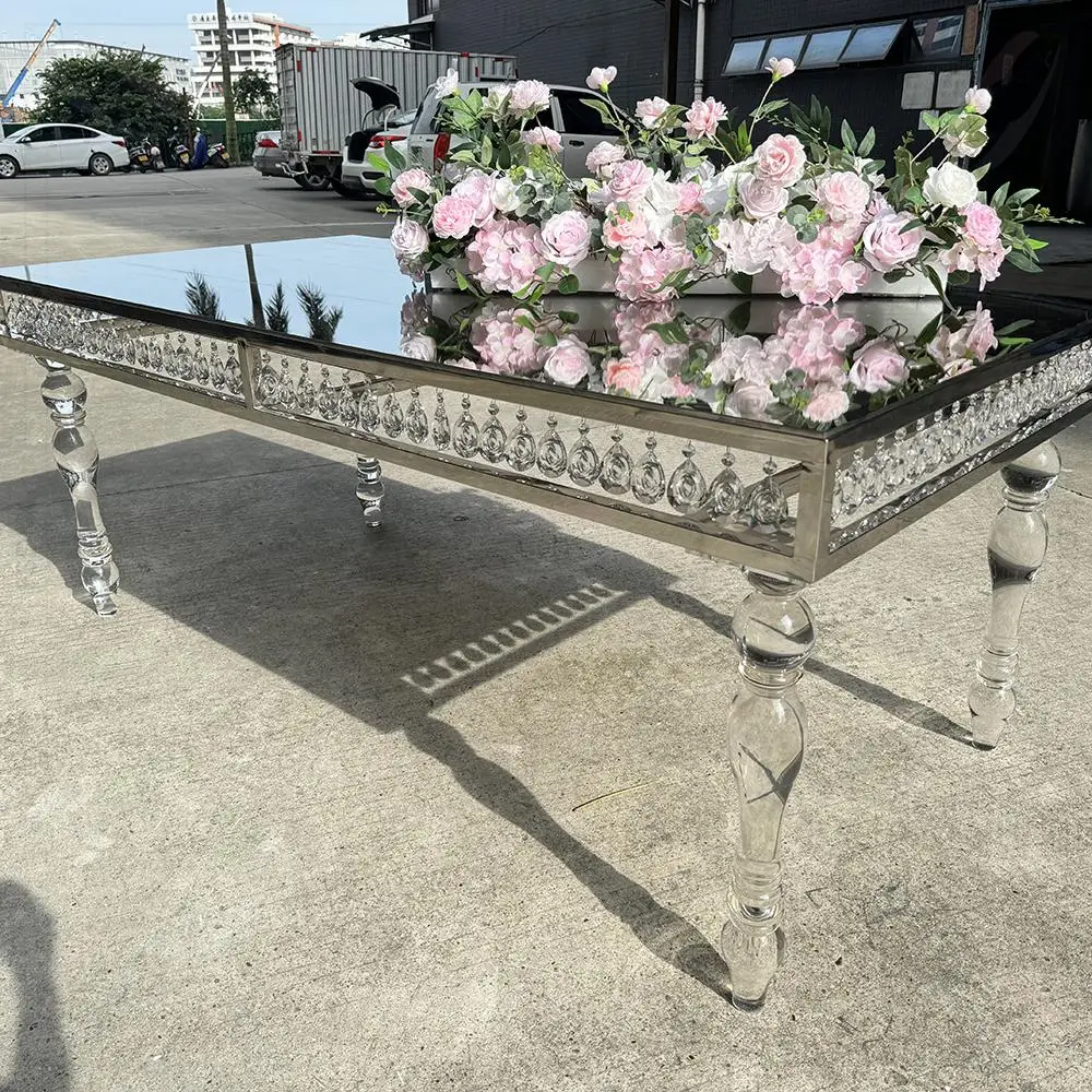 

FSDKX Popular Luxury Sector Glass Top Factory Price Wedding Golden Stainless Steel Table Rectangle Shape Dining