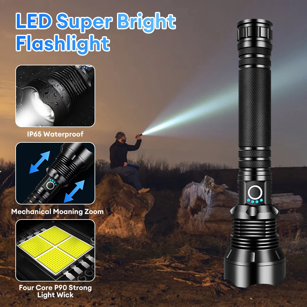 Linterna potente USB superbrillante XHP90 LED recargable IP65, resistente al agua, Camping, caza, al aire libre