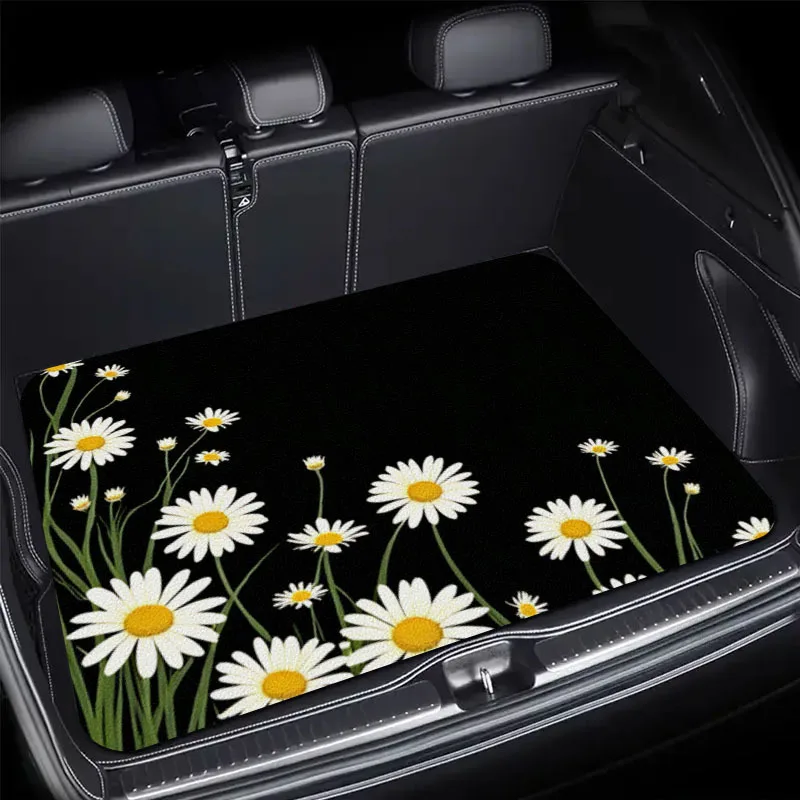 Universal Car Floor Mat White Daisy Flowers on Black Background Spring Theme Non-Slip Waterproof Auto Carpet for SUV Interior