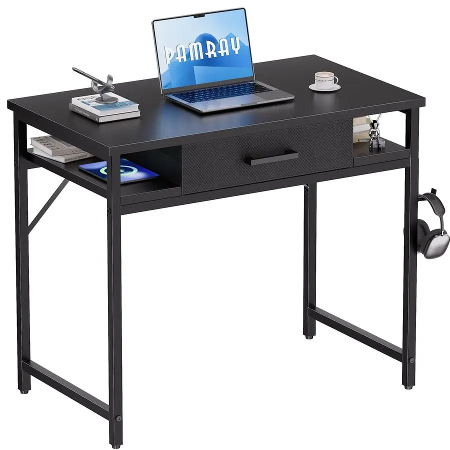 

32-дюймовый компактный компьютерный стол с ящиком и полками, простой рабочий стол для учебы и работы в спальне, черный