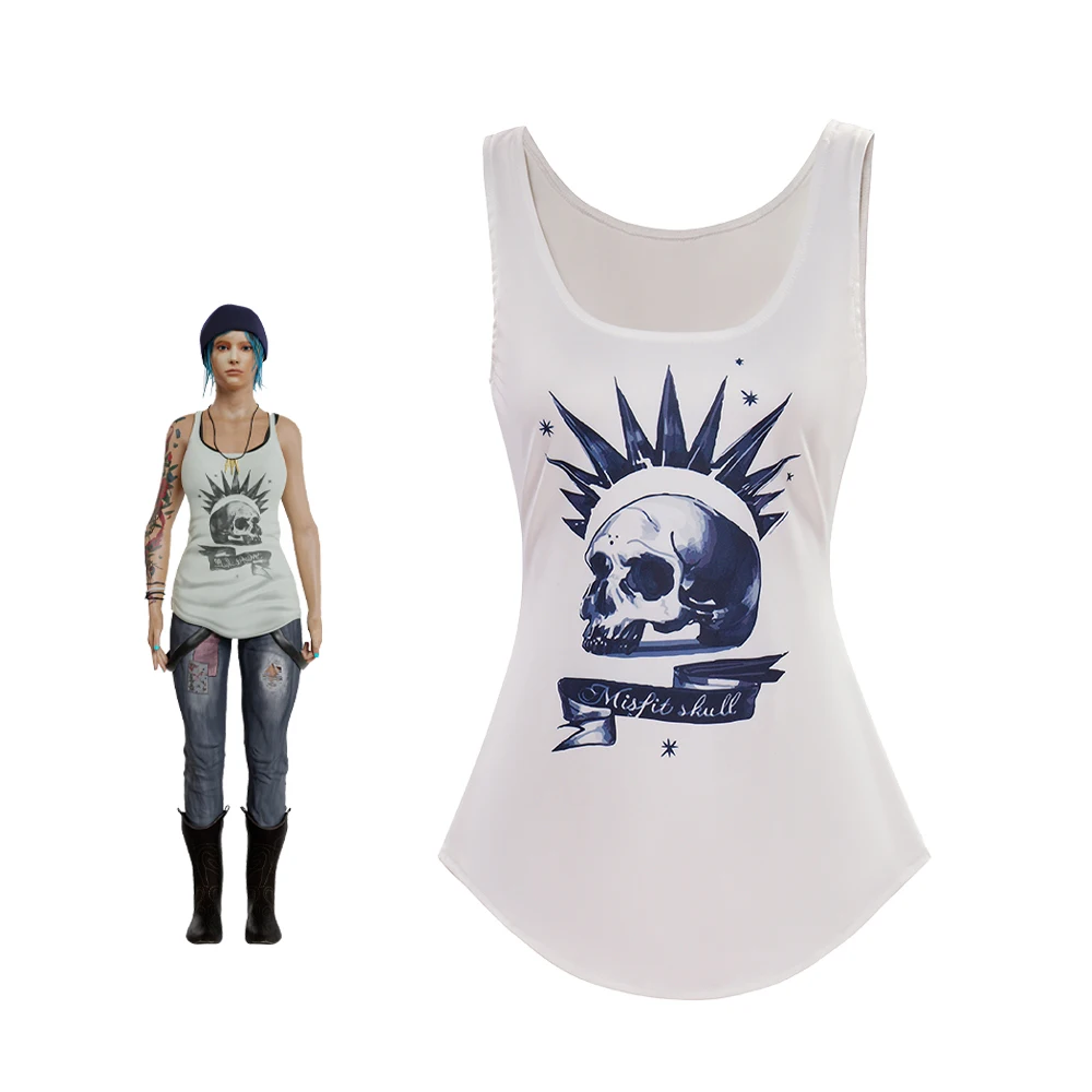 Chloe Prijs Cosplay Kostuum Mistic Skull Witte Mouwloze Top Vest Dames Zomer Causale Tshirt Halloween Carnaval Game Kleding