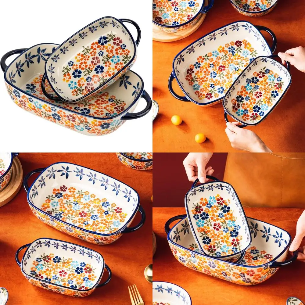 

Набор прямоугольных керамических форм для выпечки в винтажном стиле, фарфоровые формы ручной работы из 2 предметов с цветочным узором