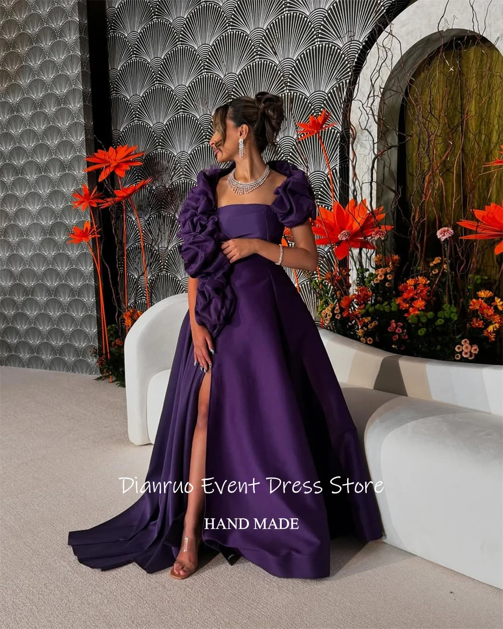 Dianruo Вечерние платья с высоким разрезом и оборками без бретелек, красные атласные платья для гостей Аравии, высокое качество Abendkleider Dubai по индивидуальному заказу