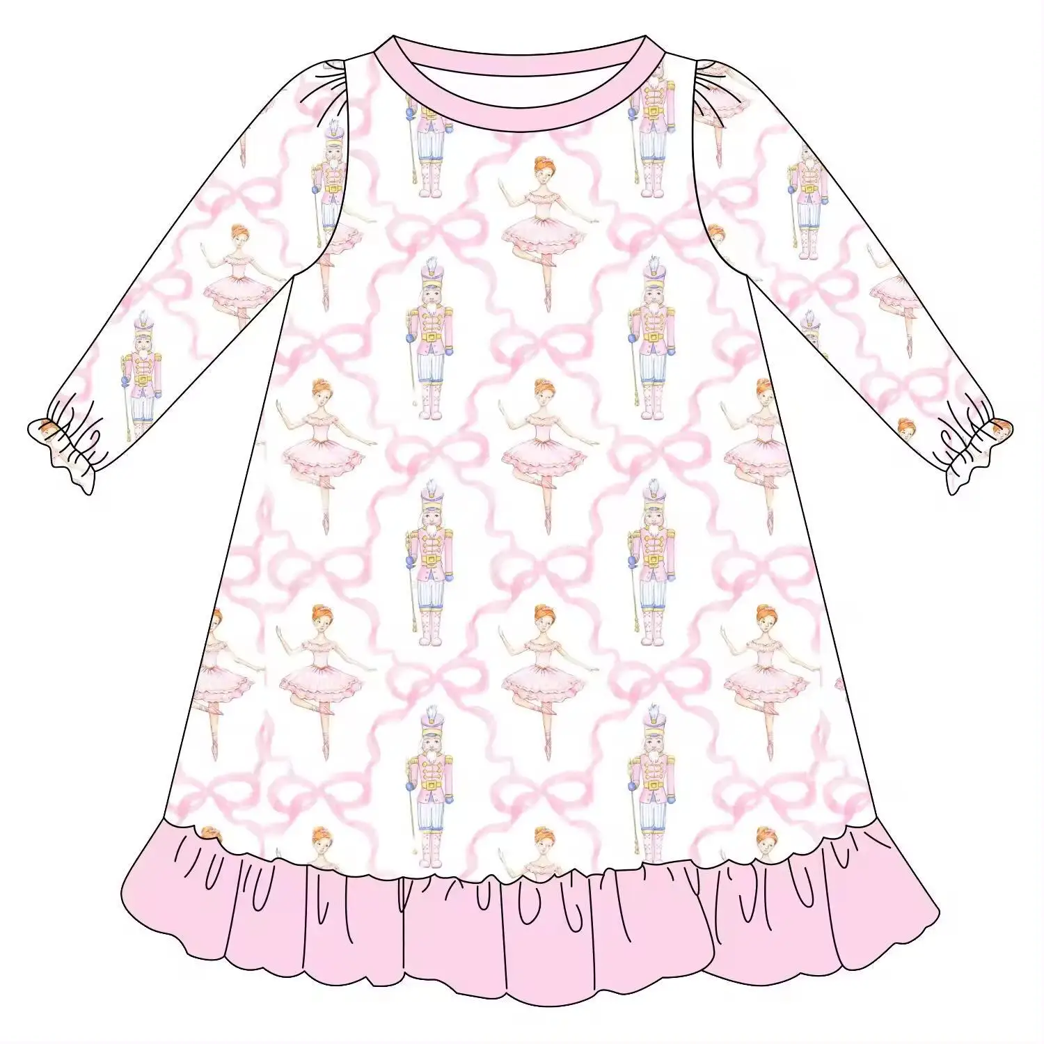 Baby Girl Long Sleeve Dress Pink Clothing Ballet Girl Print Boutique Toddler Clothing Set Wholesale Milk Silk