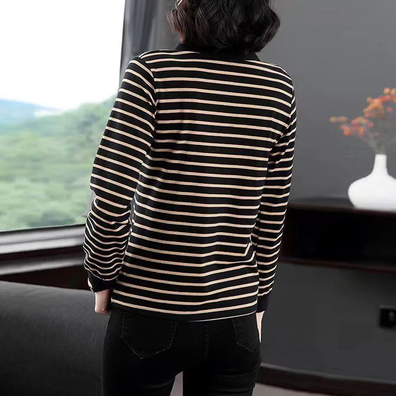 Autumn Winter Lapel Pure Cotton Striped Print T-shirt Lady Long Sleeve Loose Casual Pullover Top Women 5XL Simple All-match Tees