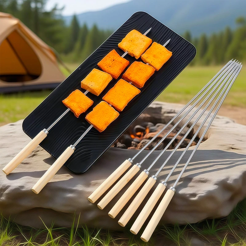 Extended BBQ Sticks Stainless Steel Household Long Handle Wooden Handle BBQ Sticks Skewers Round Sticks Lamb Skewers