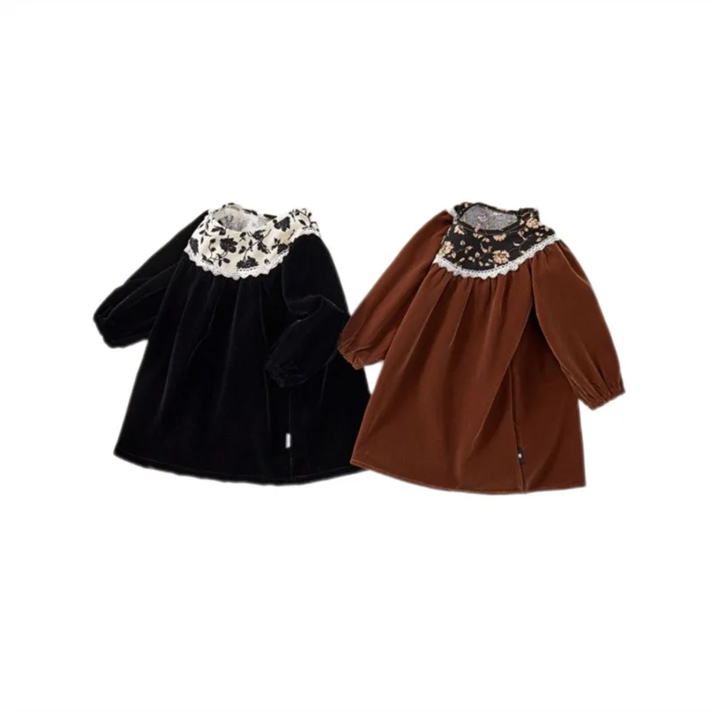 

Girls Velvet Dress Spring and Autumn Retro Style Children's Lace Puff Sleeve Princess Dress