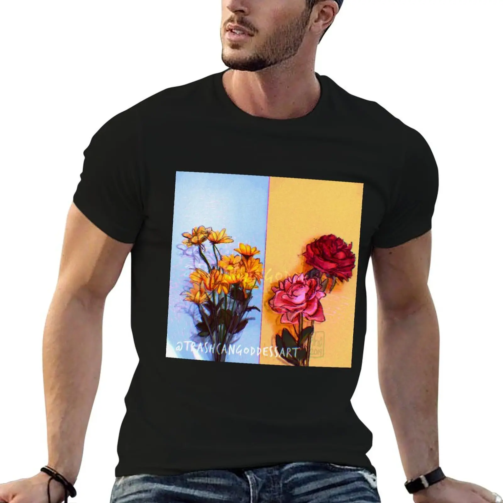 two tone flowers T-Shirt cute tops customs blue archive aesthetic clothes shirts men graphic