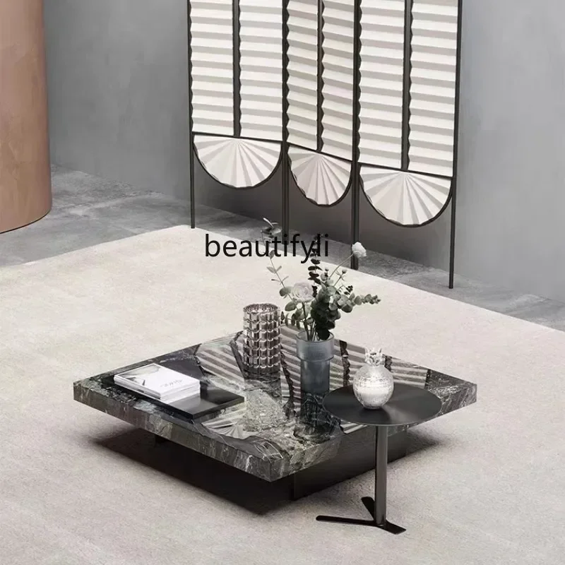

ss25 Designer Venice brown natural marble square coffee table living room stainless steel brushed base