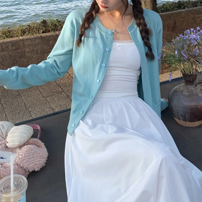 سترة نسائية بأكمام طويلة 2025 بياقة دائرية وأزرار سفلية متماسكة للسيدات للخريف والربيع سترات صوفية محبوكة واحدة الصدر