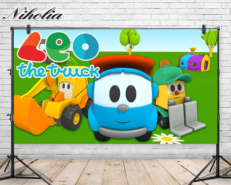 Niholia Leo the Truck Background For Kids Birthday Party Photography Backdrop Cartoon Green Grass Vinyl Banner Props