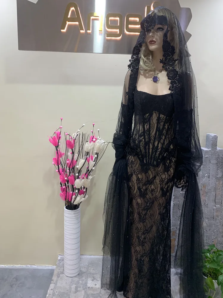 Sexy Strapless Lace Black Maxi Long With Veil Women Gowns Midi Dress 2023 Elegant Party Evening Stage Performance Dress Vestido