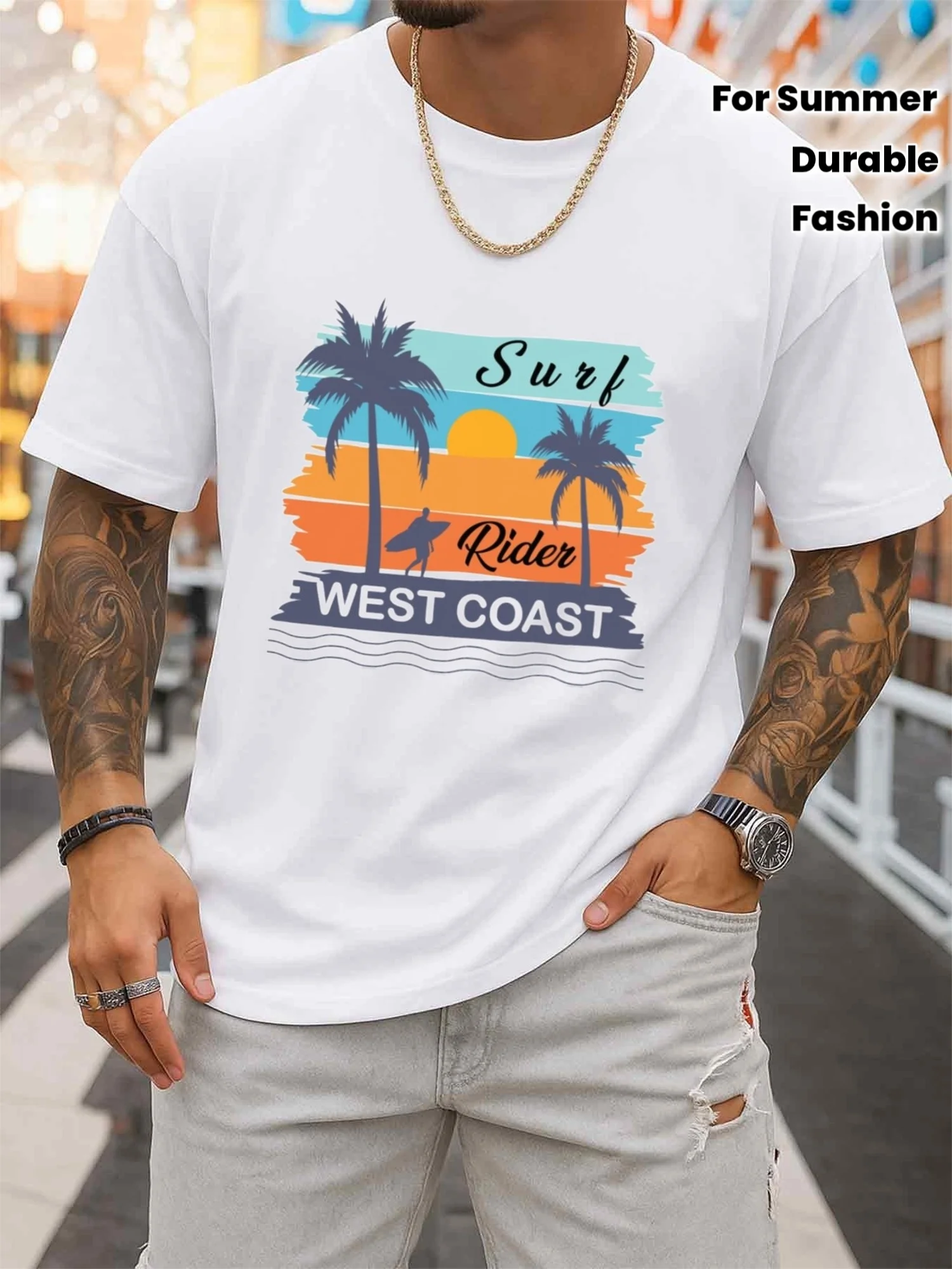 West Coast Surfer T-Shirt for Men, Comfortable Color Short-Sleeve White Printed T-Shirt, Gift for All Seasons, Fitness Top, Stylish Sportswear, Durable Athletic Apparel, Weekend Casual Wear, Summer Daily Outfit, Father's Day Gift