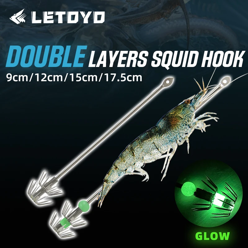 LETOYO 2 Stück Edelstahl Tintenfisch Jigs Tintenfisch Haken Doppelschichten Regenschirm Haken für Tintenfisch Angeln Oktopus Meeresangelhaken