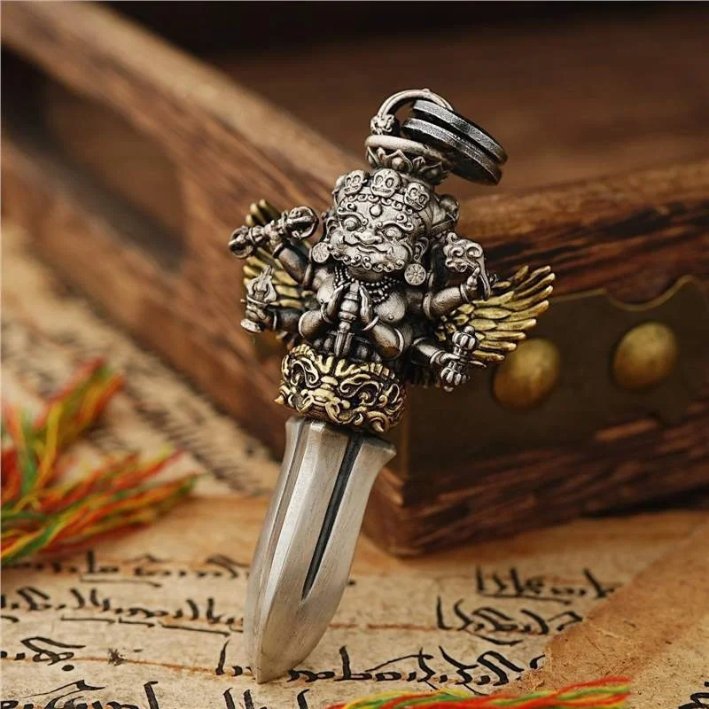 Blessing Vajvakilaka Pendant For Men Jewelry Ethnic Style Carved Three Heads And Six Arms Buddha Necklace Male Amulet Accessory