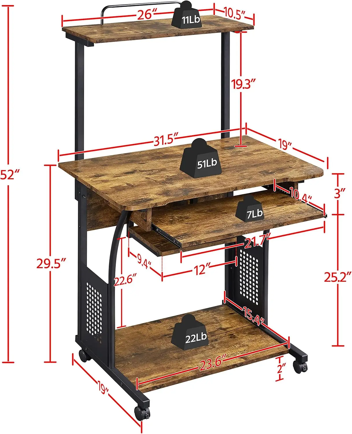 Umail Furniture Scrivania per computer con rotelle a 3 livelli con vassoio per tastiera e ripiano per stampante per piccoli spazi mobili per ufficio domestico