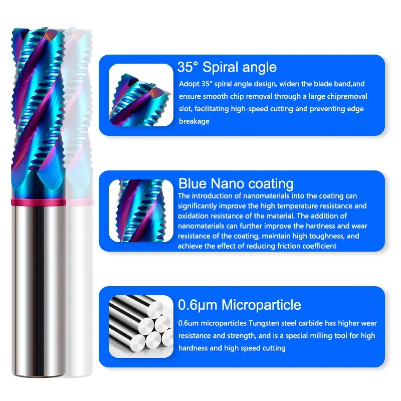 AZZKOR TGP-HRC65 Blue Nano coating 4-Flute Tungsten Steel Carbide Roughing Milling Cutter CNC Machinery Machining Rough Endmill