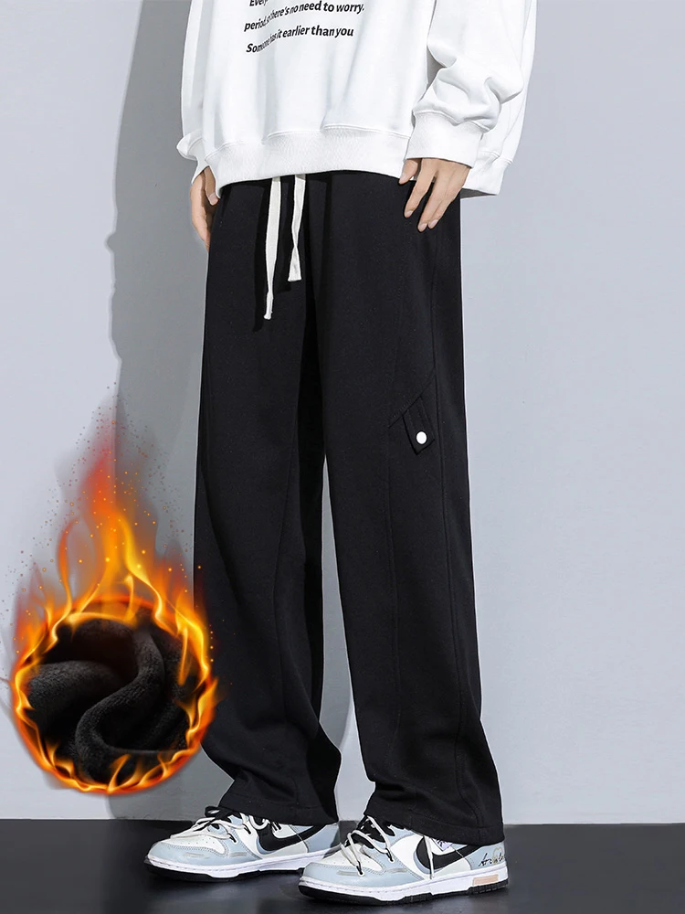 Winter Fleece Sweatpants Men Korean Fashion Stretch Waist Wide Leg Straight Loose Track Pants Thick/Heavy Knit Warm Trousers