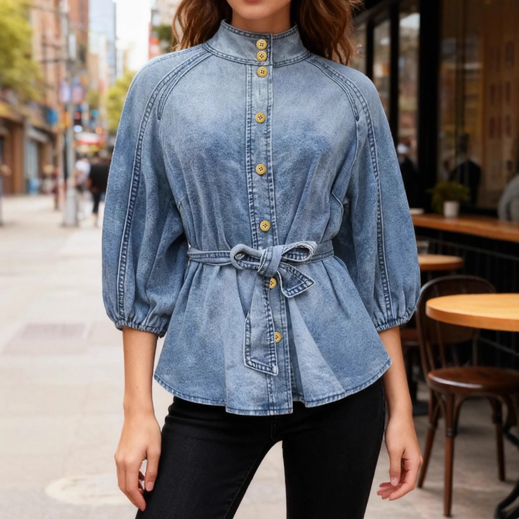 

Модная джинсовая блузка с завязкой на талии в стиле ретро, топы для женщин, рукава-фонарики девять четвертей, элегантный универсальный женский топ с высоким воротником