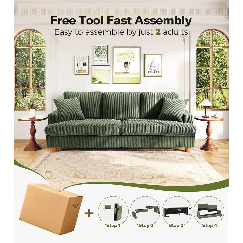 أريكة سروال قصير مقاس 87 بوصة، مجموعة بدون أدوات، أريكة غرفة معيشة قطيفة مع وسادتين، مقعد كبير الحجم باللون الأخضر البوهيمي #6