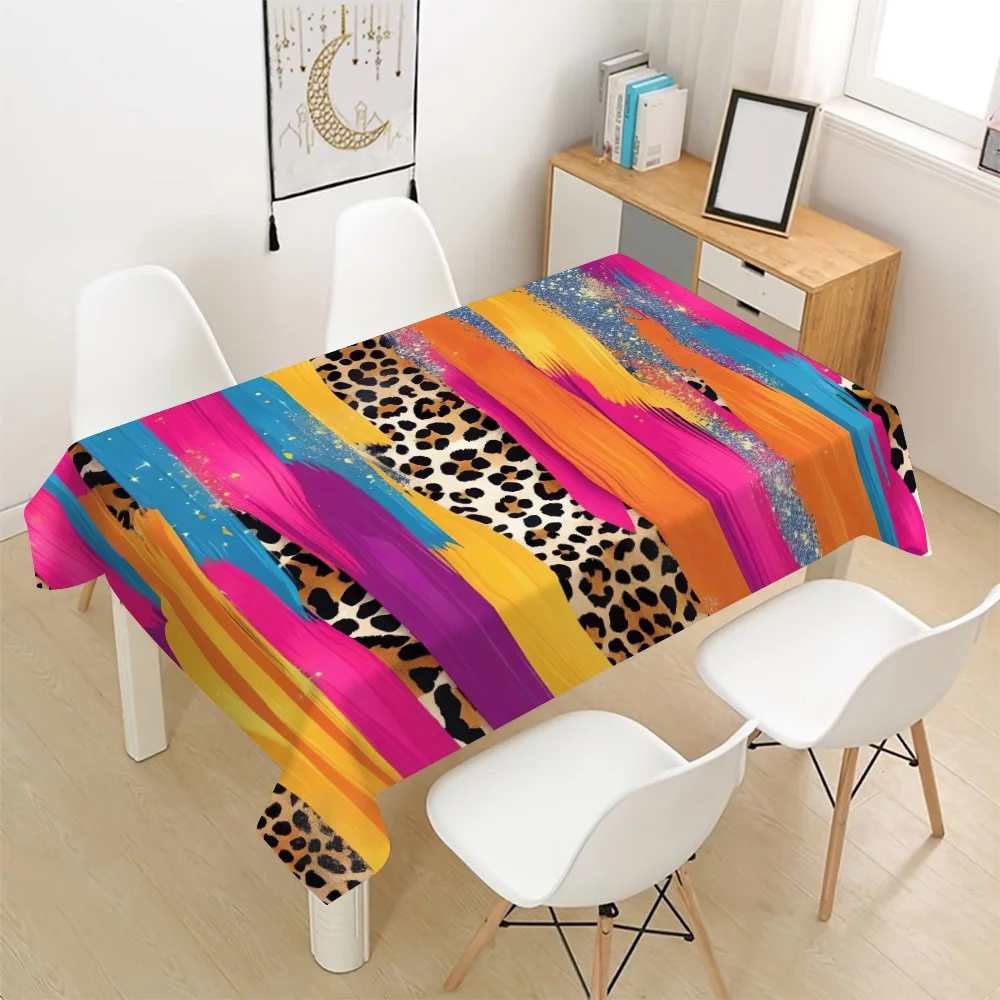 Leopard Tablecloth, Colorful Brush Stroke Leopard Print, Washable Table Cover, Bohemian Style Dining Room Home Decor