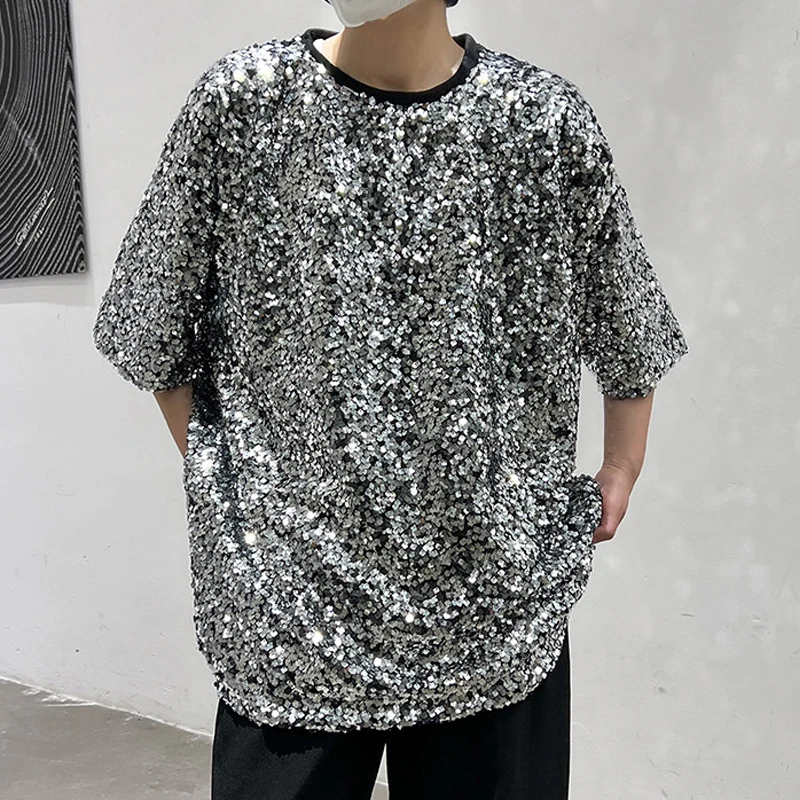 High Quality Sequins Reflective T Shirt for Man Nightclub Bar Dance Short Sleeve Loose Men T-shirts Stylish Oversized Tees Tops