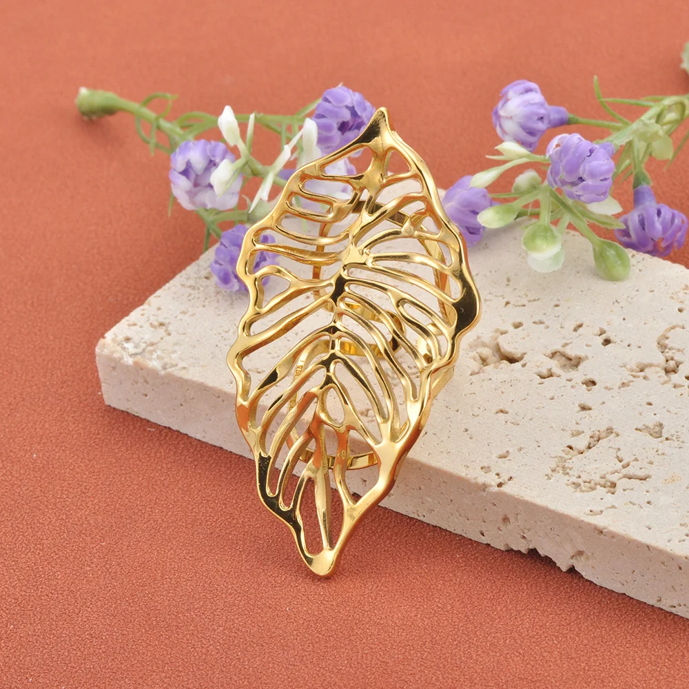 Lokaer Vintage Geometrische Blatt-verstellbare offene Ringe für Frauen, Edelstahl, goldfarben, einzigartiger, zarter Partyschmuck R26008