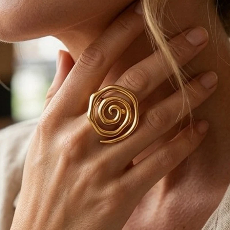 Stainless Steel Spiral Open Ring Geometric Exaggerated Adjustable Finger Charm Exclusive Women Man Jewelry Gift Fashion