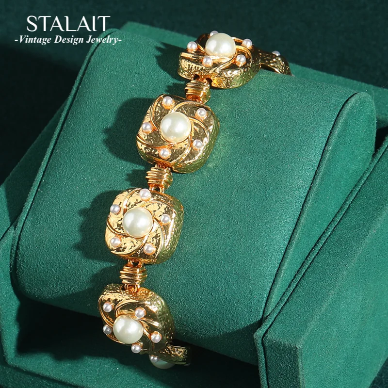 

Vintage Pearl Bracelets For Women 18k Real Gold Color Square Patterned Wedding Accessories Charms Luxury Dubai Jewelry 2025