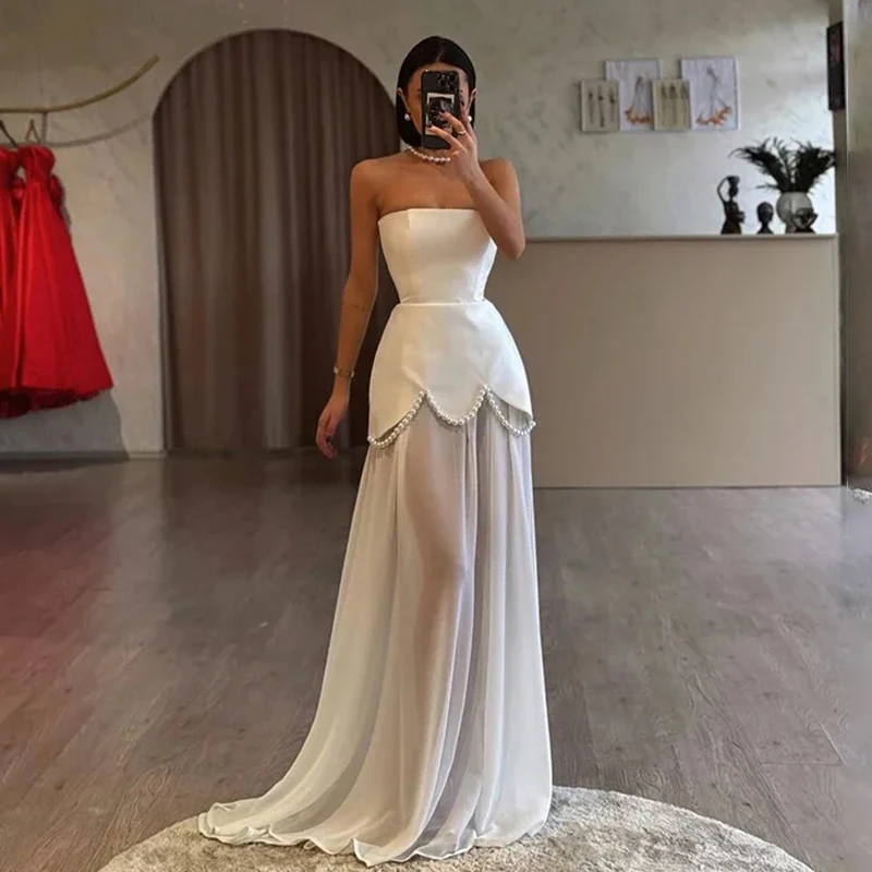 

Strapless Satin Evening Gown with Sheer Skirt Elegant Pearl Embellishments Floor - Length Prom Dress for Wedding Party Dress