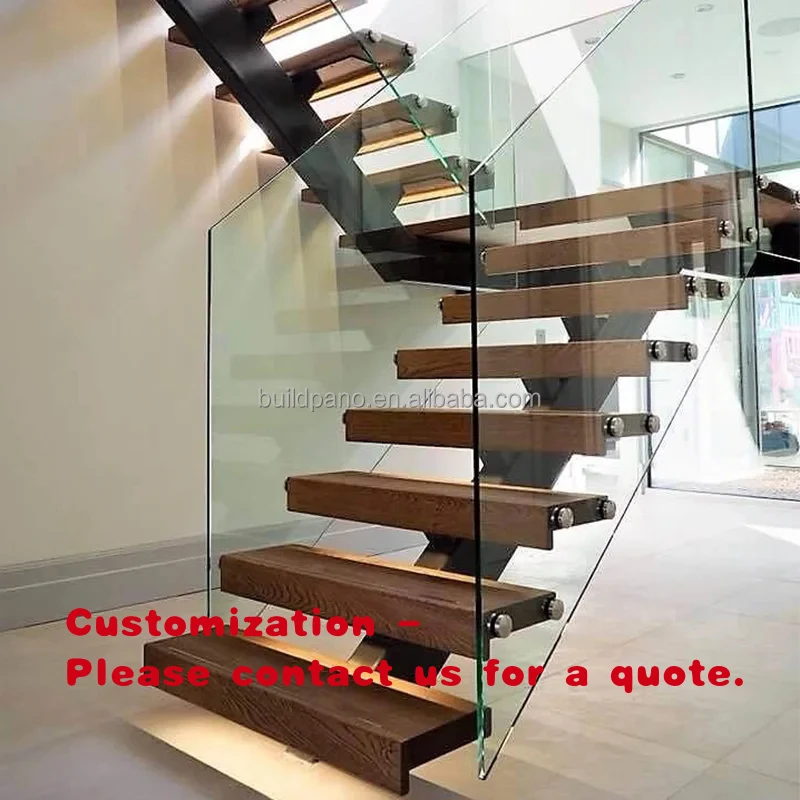 custom.Modern Indoor Floating Stairs with Durable Mono Stringer Glass Railing Design Apartment Hall Use Wooden Str