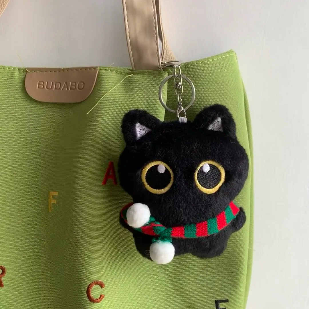 Niedlicher schwarzer Katzen-Plüsch-Schlüsselanhänger, quietschendes Spielzeug, Ins-Stil, weiche gefüllte Katzenpuppe, matschiger Taschenanhänger, kuscheliges Spielzeug für Jungen und Mädchen, Geschenk