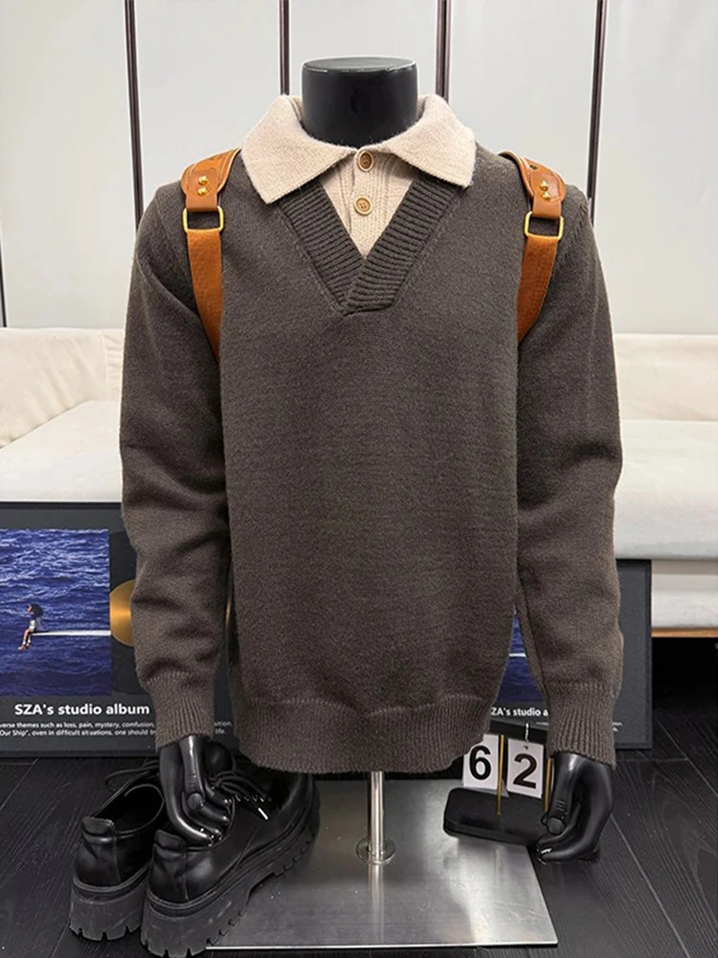 

Коричневый утепленный трикотажный джемпер с эффектом двухслойности для мужчин, зимний, теплый, в американском ретро-стиле, повседневный, свободного кроя, с длинным рукавом