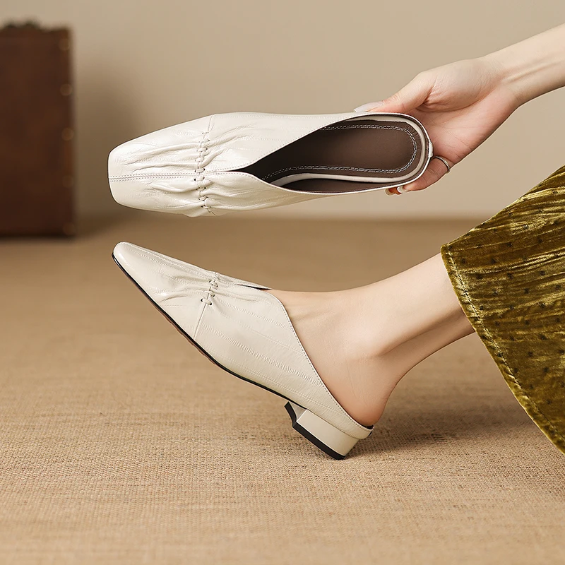 New Women Soft Sheep Leather Square Toe Ruched Mules Slip on Flat Slide Sandals TPR Sole Minimalist Clean Fit Summer Daily Shoes