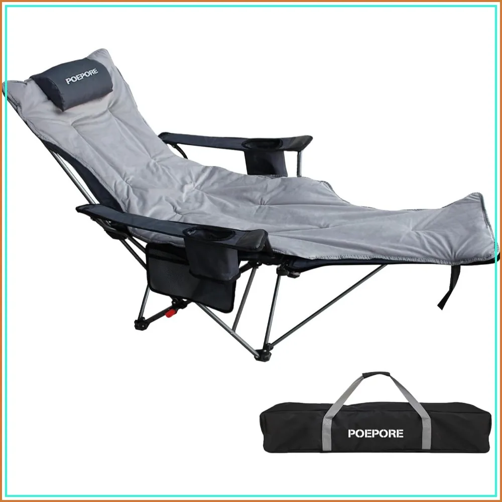 

Reclining Camping Chair with Removable Footrest, Lounge Chair with Headrest, Cotton Cushion, Portable Adjustable Folding Chair
