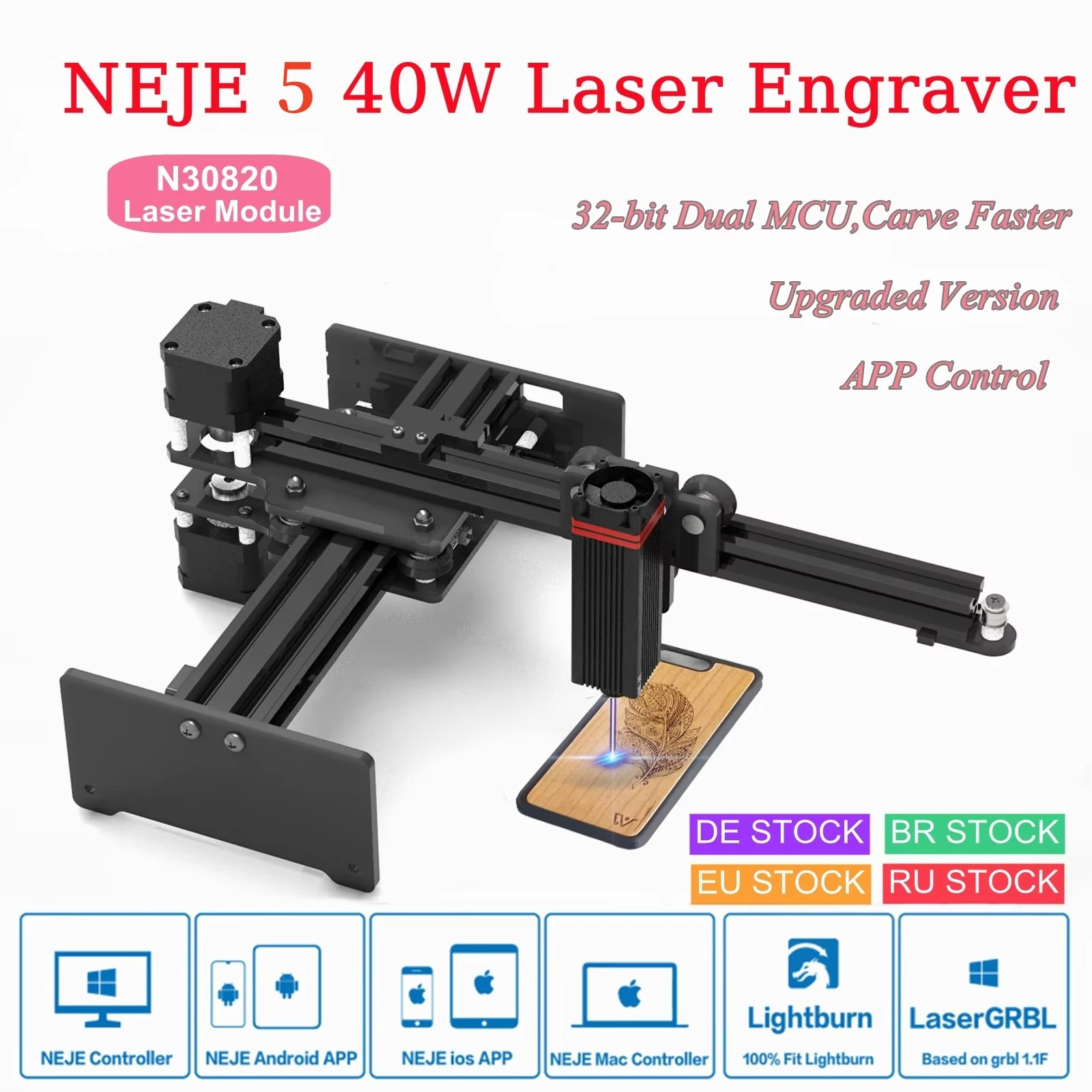 NEJE 5 40W N30820 Desktop CNC Laser Engraver Cutter Wood Cutting Craving Machine Printer Router App-Bluetooth Lightburn