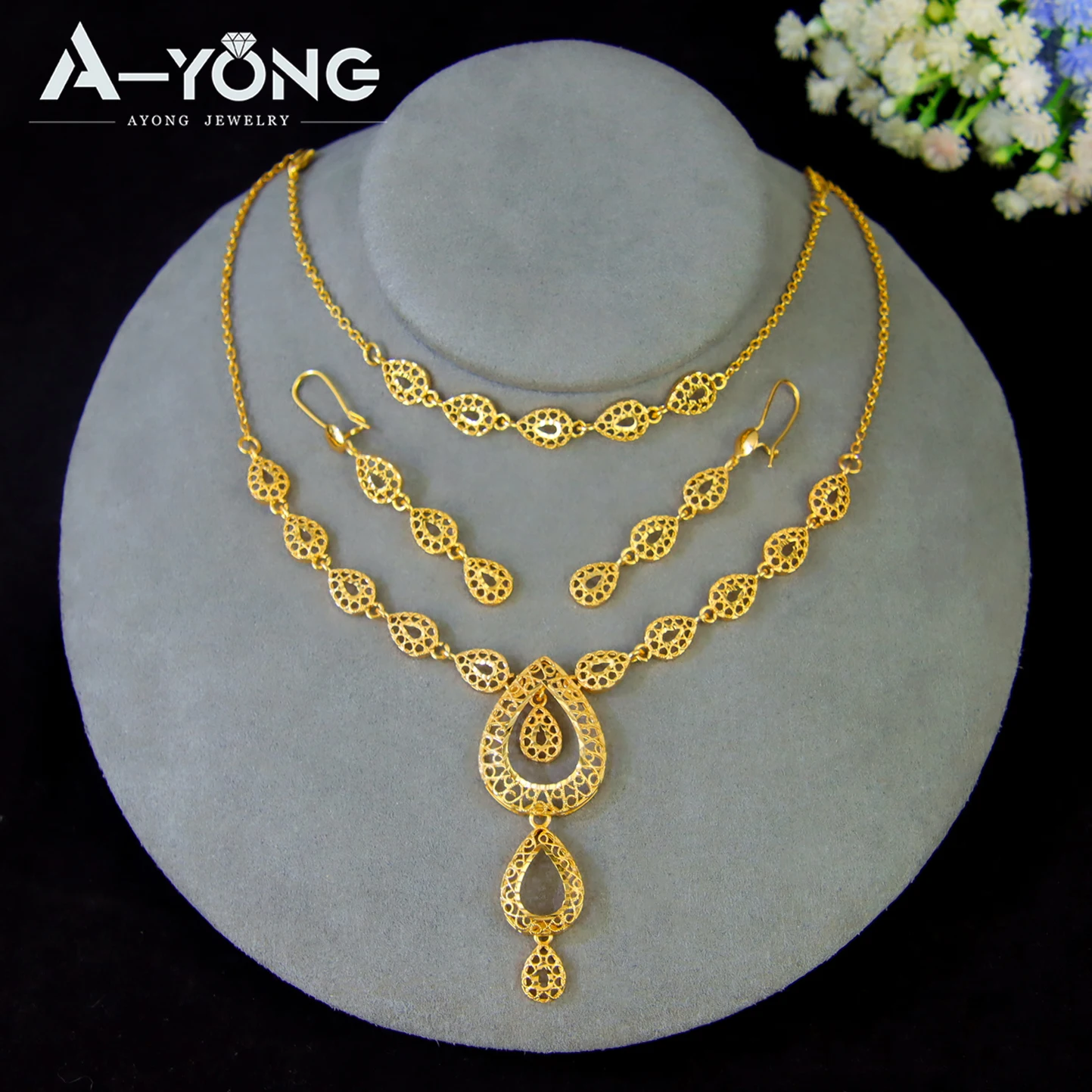 Luxuriöses Dubai Brautschmuck-Set 21k Vergoldet Nigeria Elegante Halskette Armband Ohrringe Arabischer Frauen Party-Schmuck – Detail 7