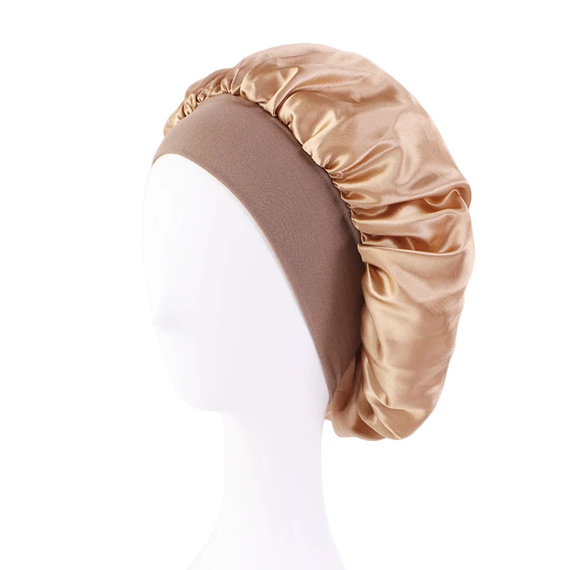 Dames Satijn Effen Mutsen Breedgerande Nachtrust Badmuts Unisex Hoofdwikkel Elastische Band Cap Haarverzorging Motorkap
