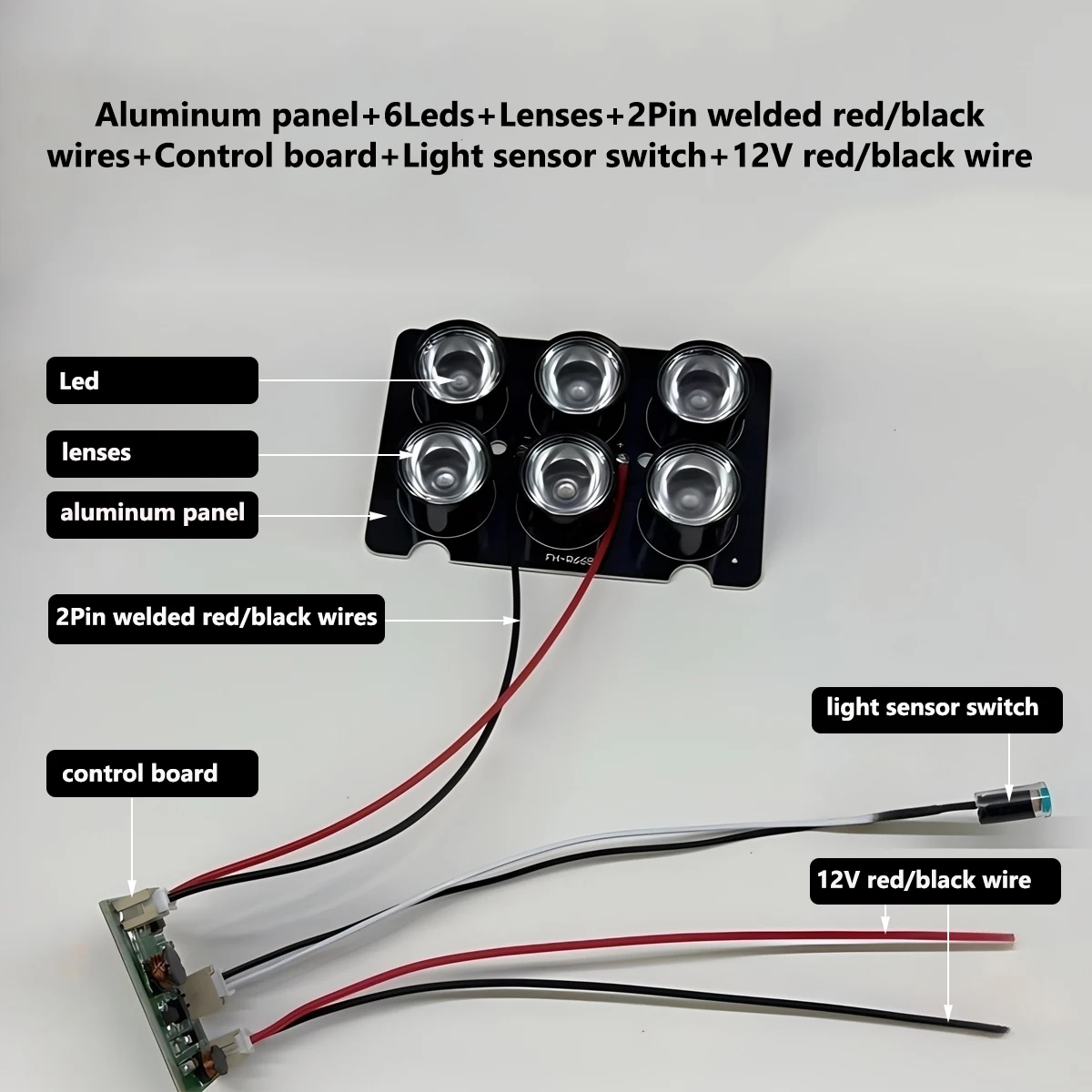 IR Infrared Illuminator Security Camera Flood Panel Plate, Plate + 6 LEDs + Lenses + 2 Pin Red/Black Wires + Control Board +12V