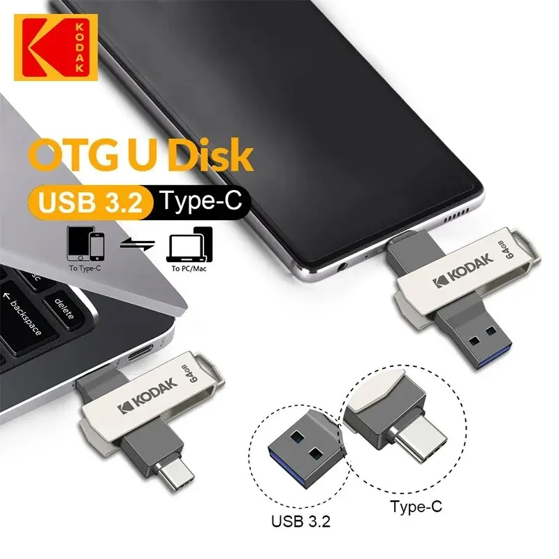 KODAK USB 플래시 드라이브, 3.2 A 타입 C 펜 드라이브, PC, 안드로이드, 스마트폰 메모리 스틱, 스토리지 U 디스크, 32GB, 64GB, 128GB