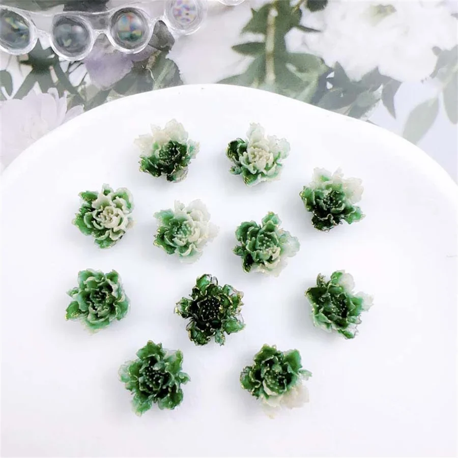 20pcs Kawaii Green Flower Resin Nail Art Charms Cartoon Mixed Camellia Bud Rose Nail Rhinestone Decorations Jewelry Accessories
