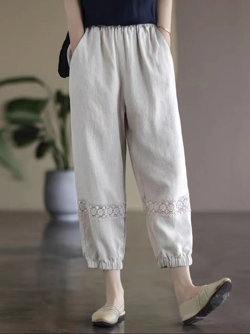 

Casual Cotton Linen Lace Patchwork Harem Pants Women's Summer Loose Waist Linen Casual Nine Points Pants High Waist Elastic