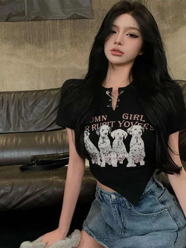 Cseta de Verano de Manga Corta para Mujer, Estampado de Dibujos Animados, Cuello en V, Corte Ajustado, Corta, Moderna y Ca...