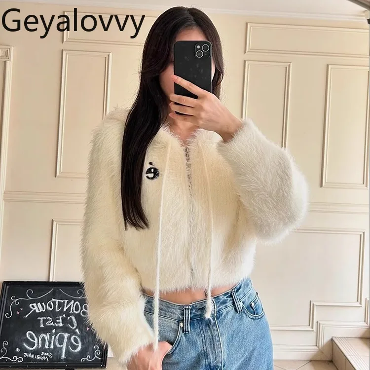 

Japanese Style Solid Color Imitation Mink Fur Hooded Long Sleeve Short Cardigan Sweet Girl Versatile Zipper Knitted Sweater Coat