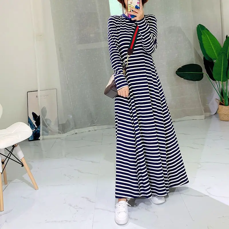 

Spring Autumn New Striped Loose Plus Size Long Dress O-Neck Long Sleeve All-match Casual Dresses Vintage Fashion Women Clothing